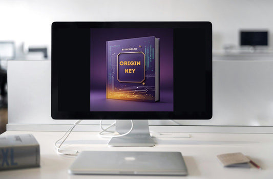 Computer monitor displaying a course titled 'Origin Key' on a desk.