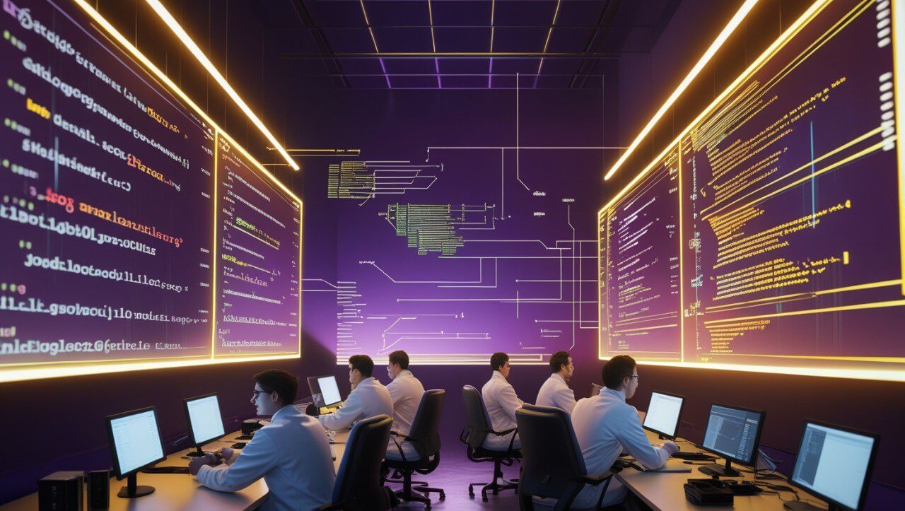People working at computers in a room with large screens displaying code and diagrams.