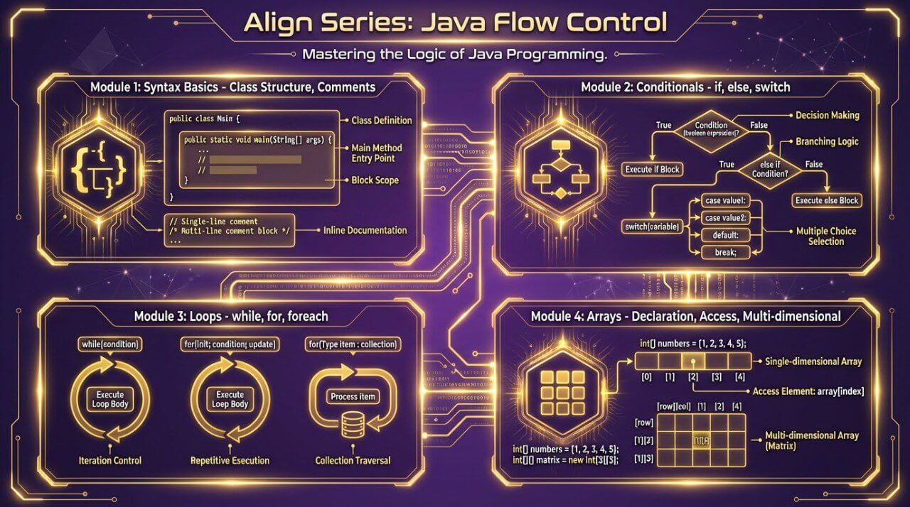 Educational graphic on Java flow control with module titles and flowchart symbols.