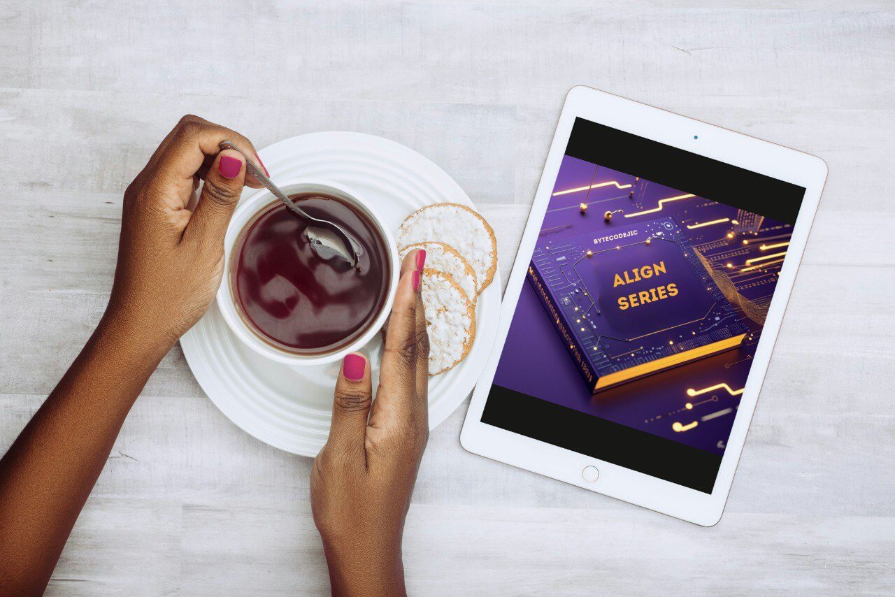 Person holding a cup of tea with a tablet displaying an 'Align Series' course cover on a light surface.