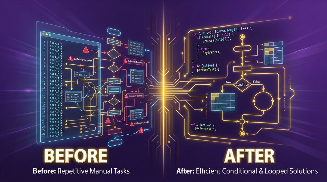 Comparison of repetitive manual tasks to efficient conditional and looped solutions with code diagrams.