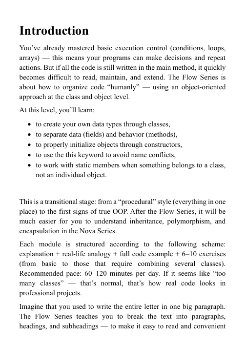 Text document with an introduction to a course on course structure, featuring the Flow Series curriculum.