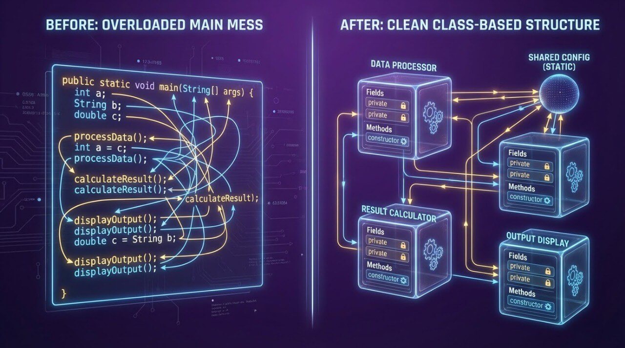 Comparison of code structure before and after cleaning up to a clean class-based structure with clear diagrams and labels.