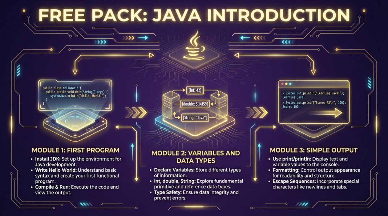Java introduction pack with modules on a dark background