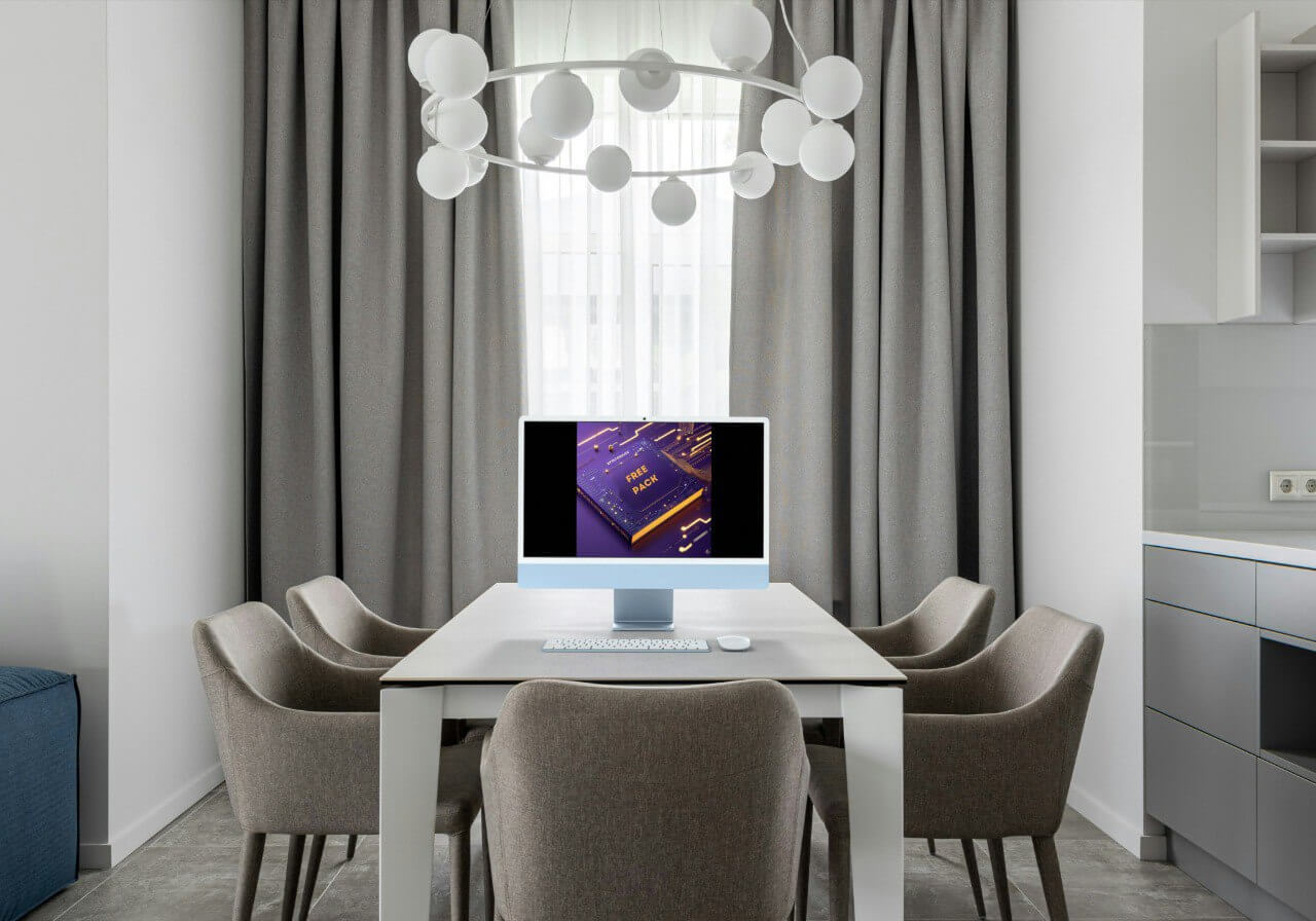 Modern dining area with a computer setup on a table, surrounded by chairs.