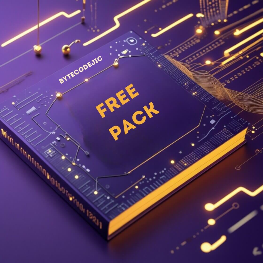 Purple book with 'FREE PACK' course  on a circuit board background