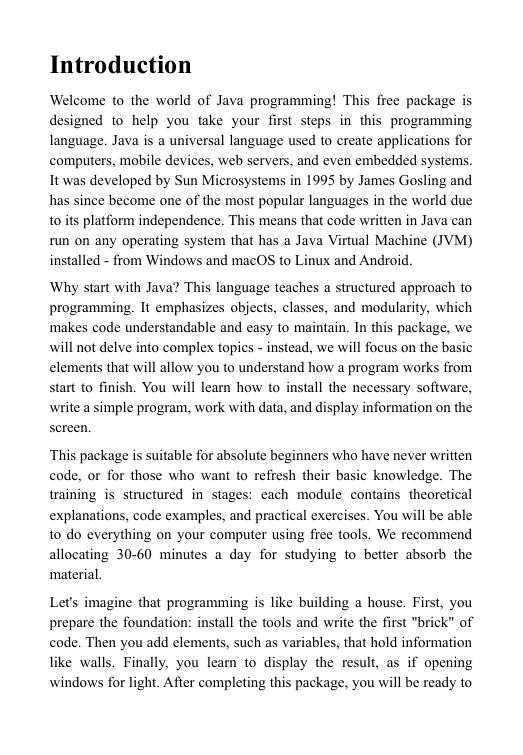 Text document with an introduction to a course on course structure, featuring the Free Pack curriculum.