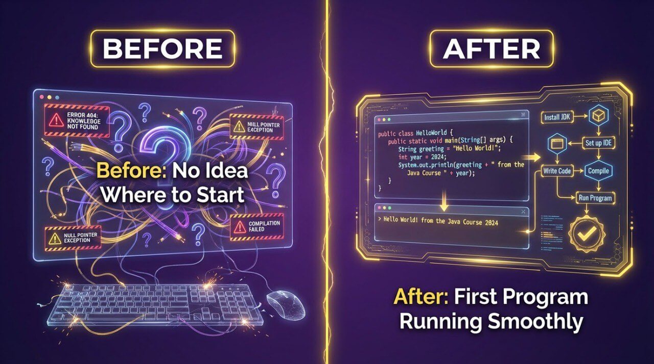 Comparison of a computer screen with 'Before' and 'After' text on a purple background
