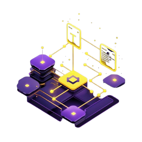 Geometric design with purple and yellow shapes on a white background