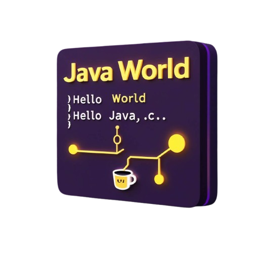 Decorative wall art with 'Java World' text and programming language elements on a purple background.