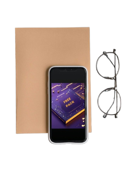 Smartphone with app interface, eyeglasses, and a cardboard box on a white background