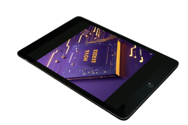 Tablet with a purple screen displaying 'NOVA SERIES' on a white background