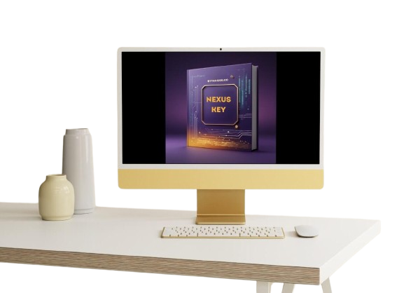 Computer monitor displaying a book titled 'Nexus Key' on a white desk with a white vase and mouse.