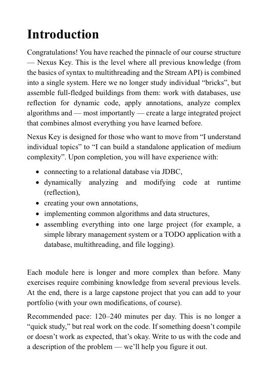 Text document with an introduction to a course on course structure, featuring the Nexus Key curriculum.