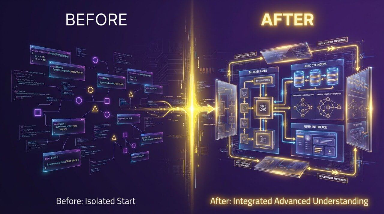 Before and after comparison of a complex system diagram with glowing elements on a dark background.