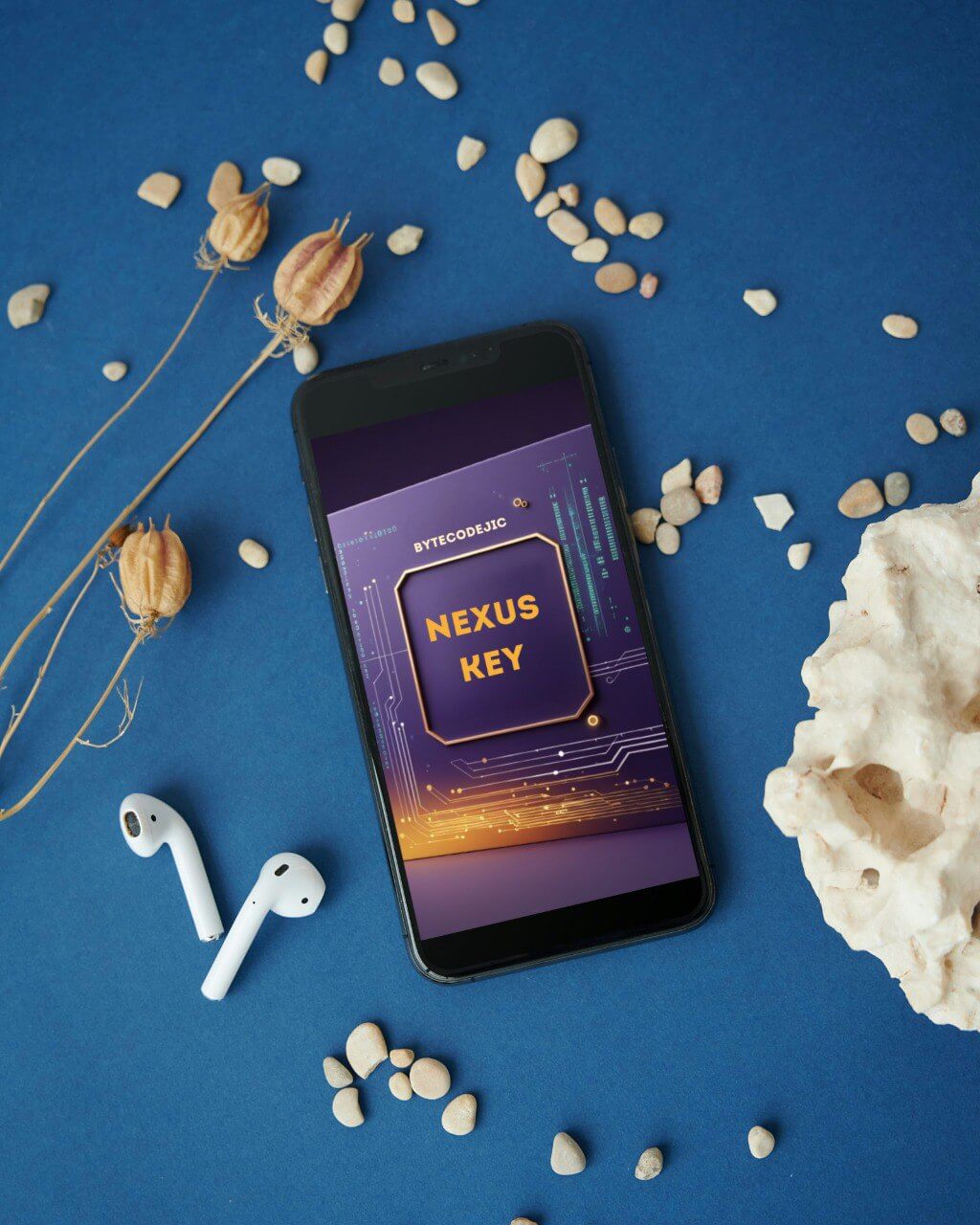 Smartphone with 'Nexus Key' course on screen, AirPods, and natural elements on a blue background