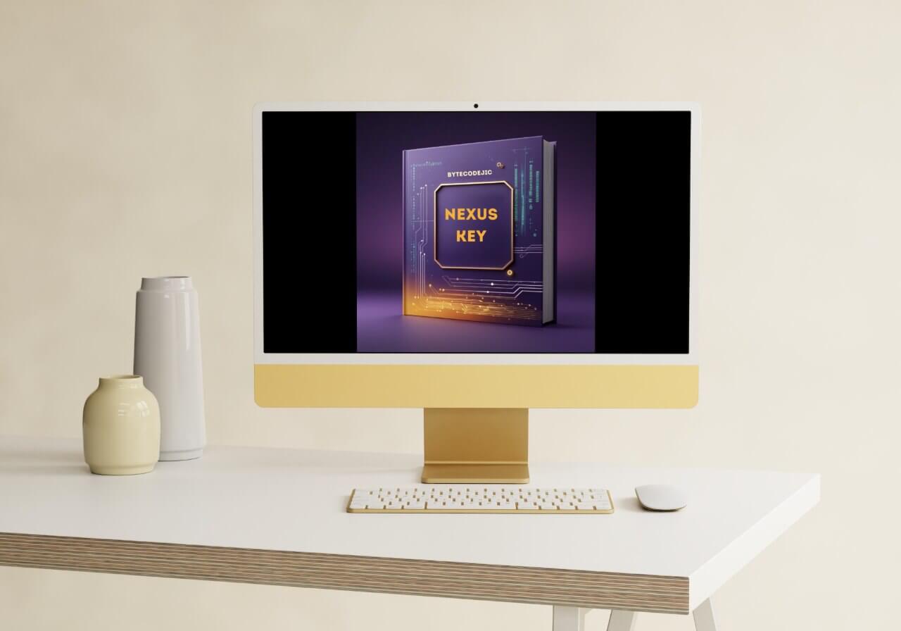 Computer monitor displaying a course titled 'Nexus Key' on a desk with a beige background