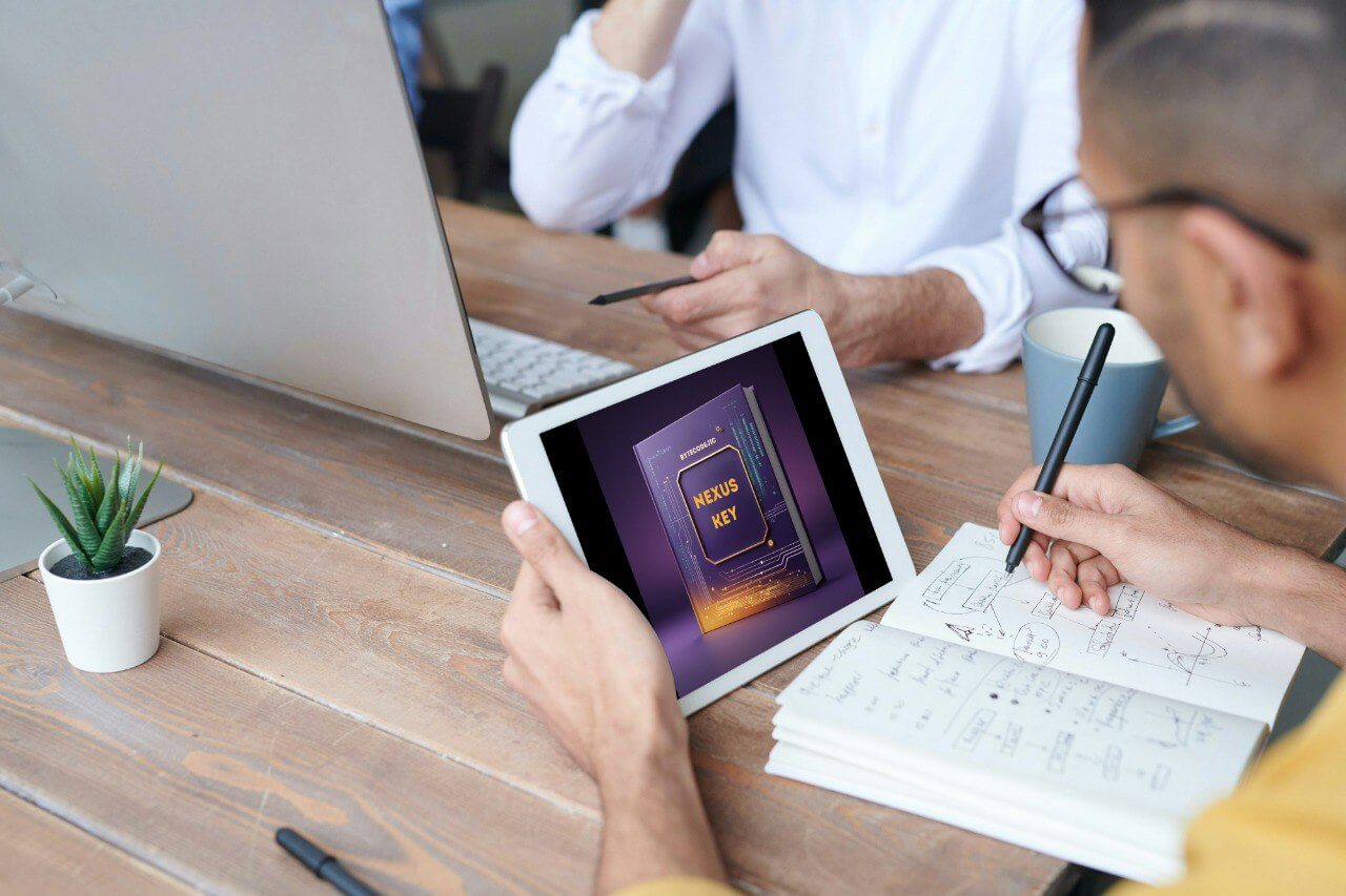 Two people learning 'Nexus Key' course at a desk with a tablet, laptop, and notepad.