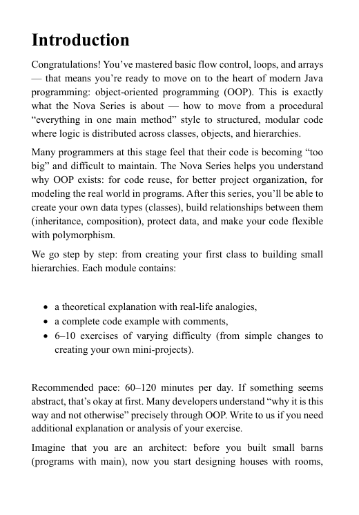 Text document with an introduction to a course on course structure, featuring the Nova Series curriculum.