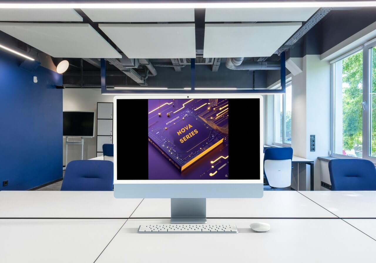 Computer monitor displaying a'Nova Series' course in an office setting