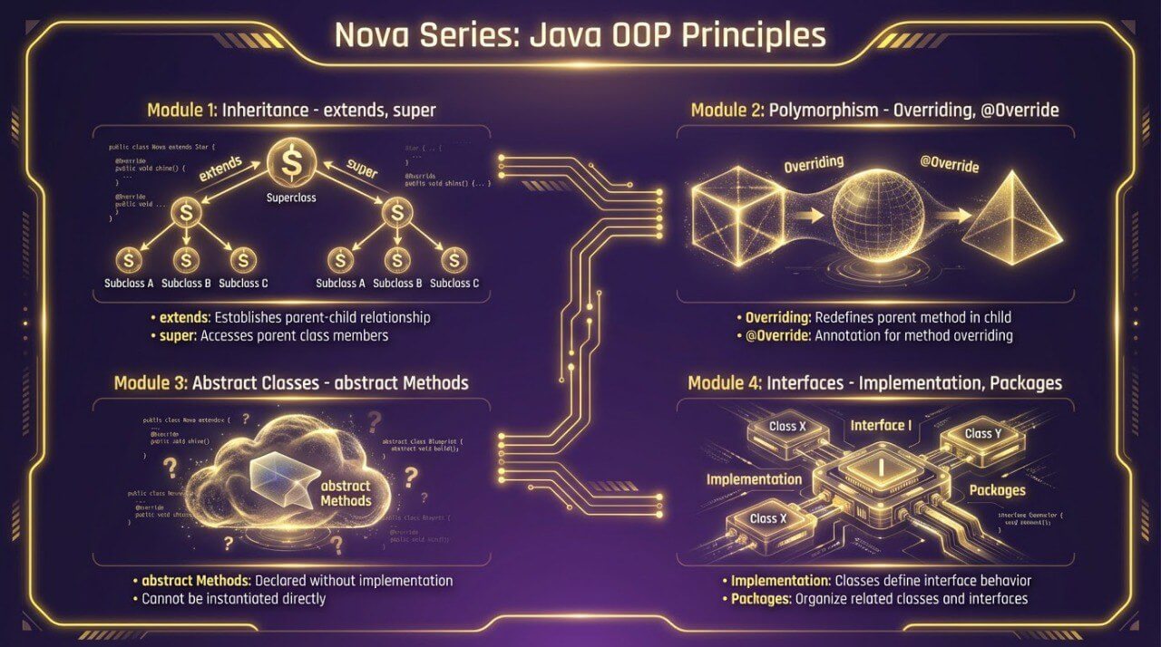 Educational graphic on Java OOP Principles with diagrams and text on a dark background