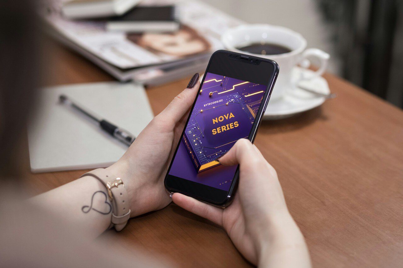 Person holding a smartphone with a 'Nova Series' course on a table with a cup of coffee and notebook.