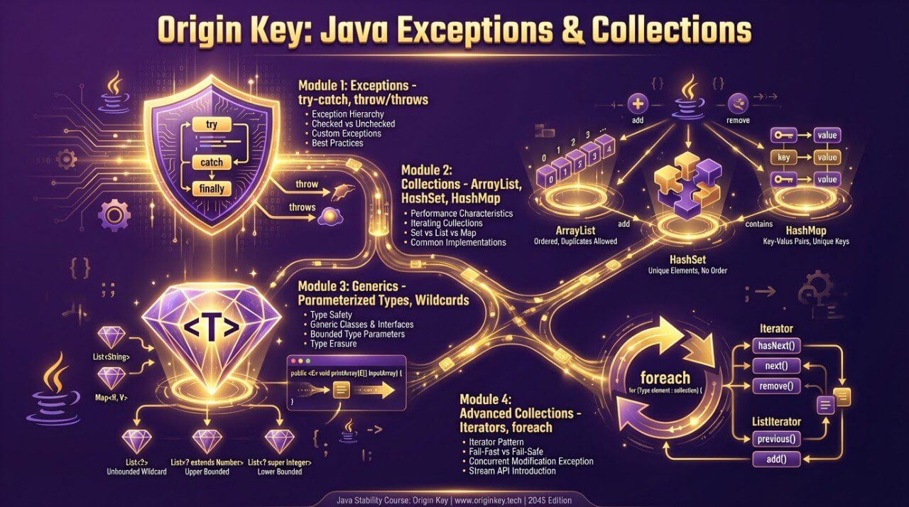 Diagram of Java Exceptions and Collections with glowing elements on a dark background