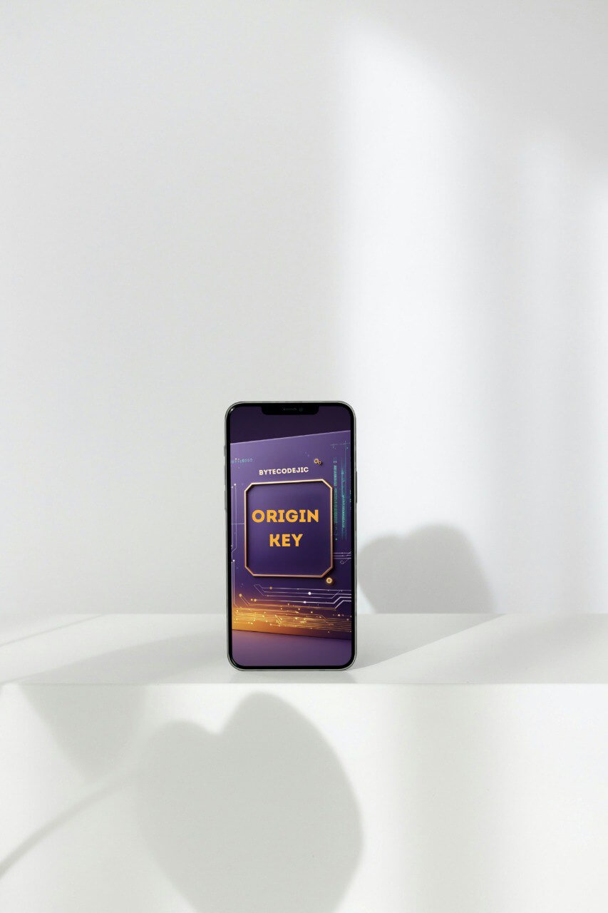 Smartphone displaying 'Origin Key' course on a white surface with soft shadows