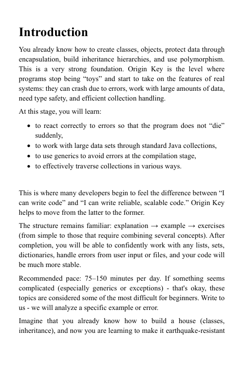 Text document with an introduction to a course on course structure, featuring the Origin Key curriculum.