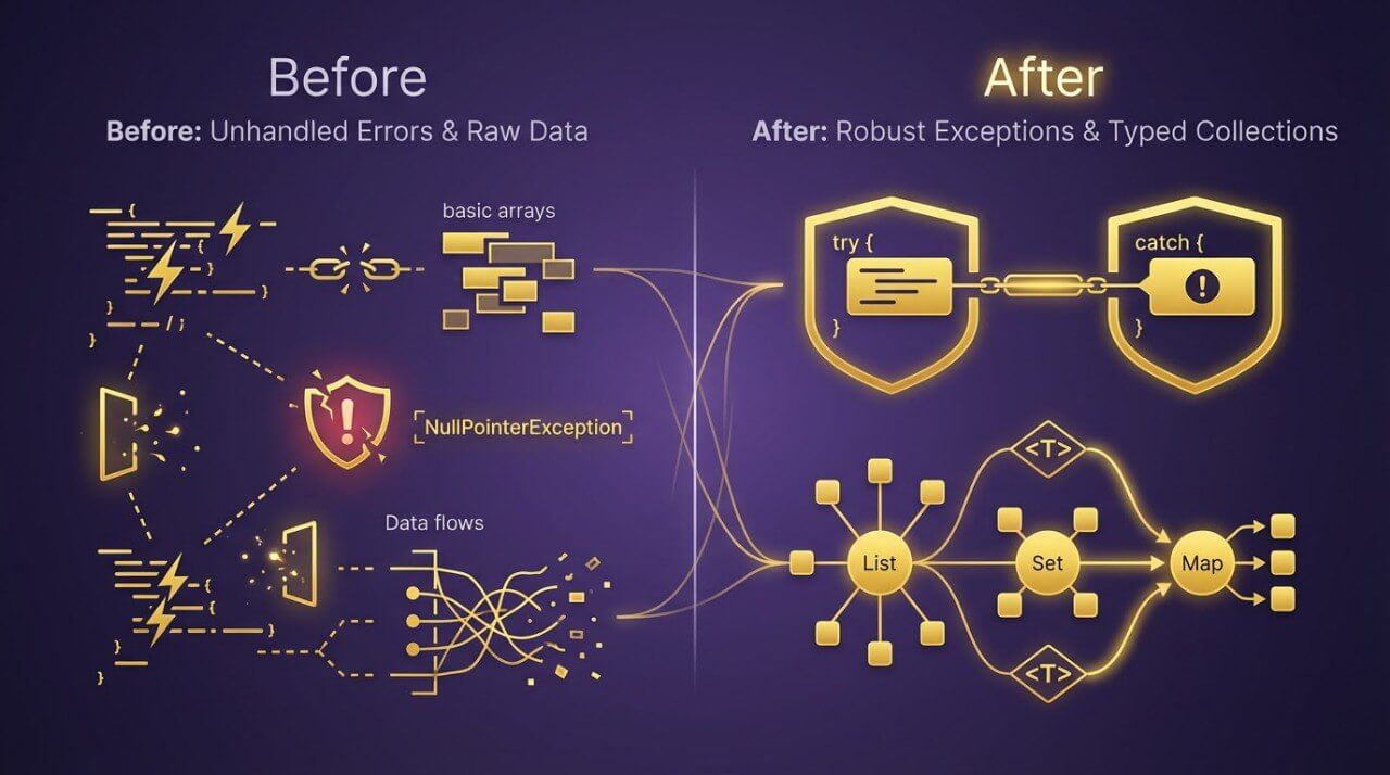 Diagram showing a transformation from 'Before' with unhandled errors and raw data to 'After' with robust exceptions and typed collections on a dark background.