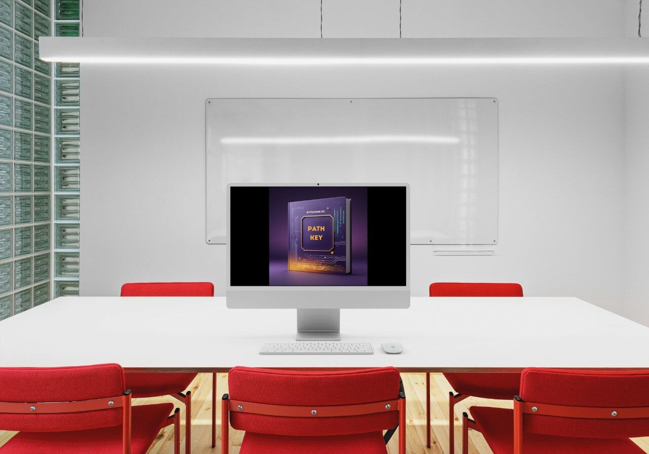 Modern office setup with a computer monitor displaying a'Path Key' course on a white table with red chairs.