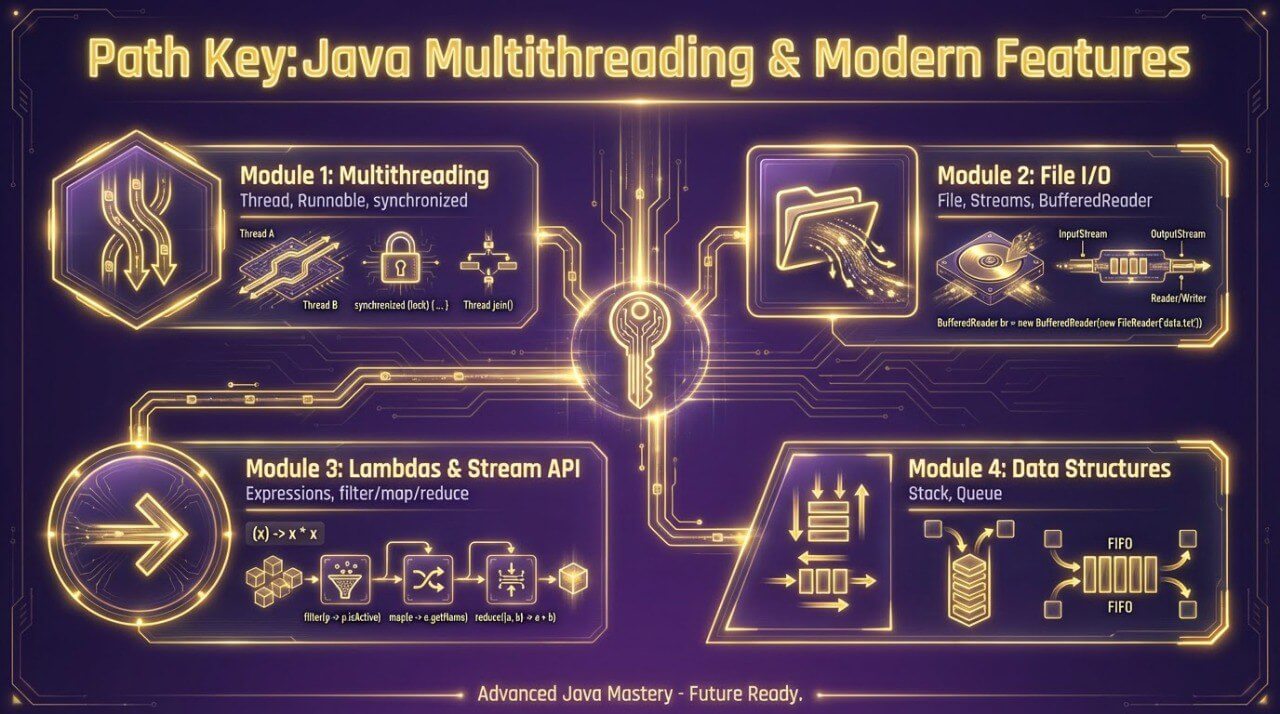 Diagram of Java multithreading and modern features with icons and text on a dark background