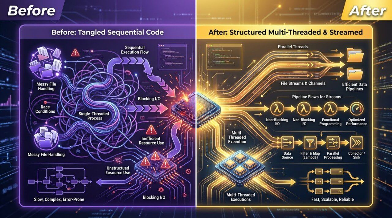 Before and after comparison of tangled sequential code to structured multi-threaded and streamed code on a futuristic interface.